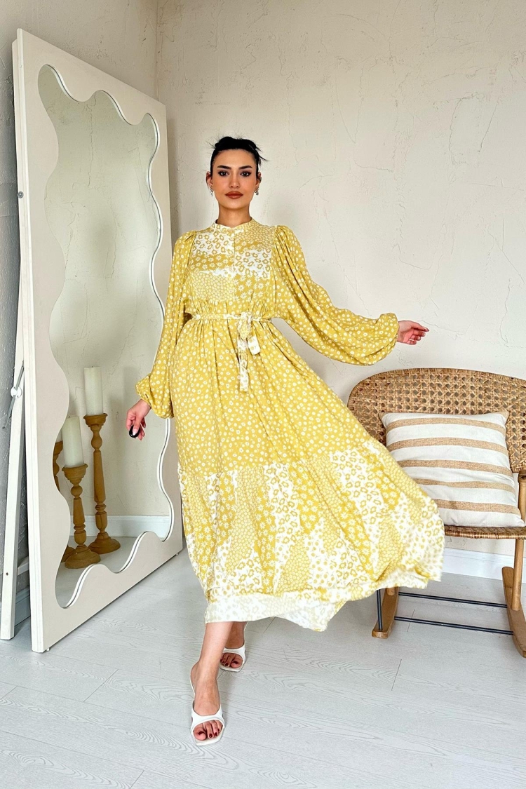 Wholesale Yellow Floral Pattern Waist Belted Dominant Collar Dress