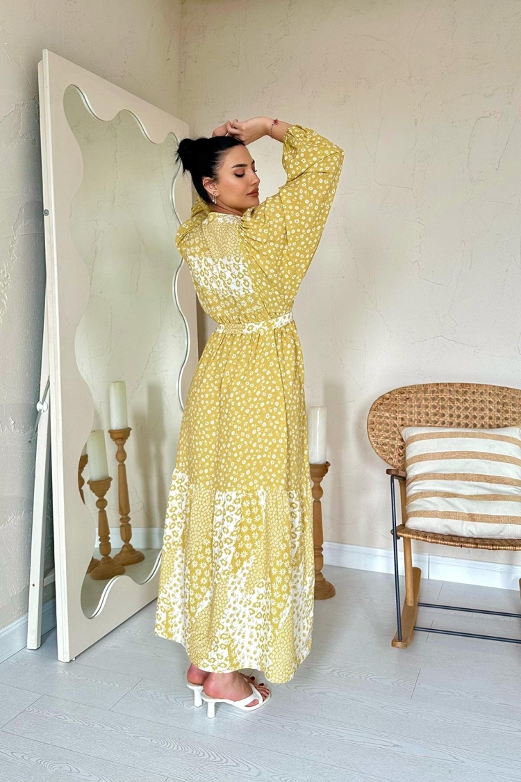 Wholesale Yellow Floral Pattern Waist Belted Dominant Collar Dress