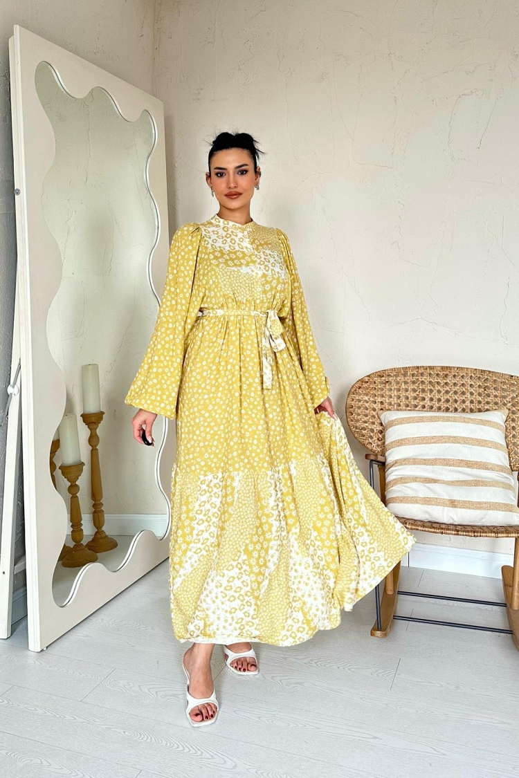Wholesale Yellow Floral Pattern Waist Belted Dominant Collar Dress