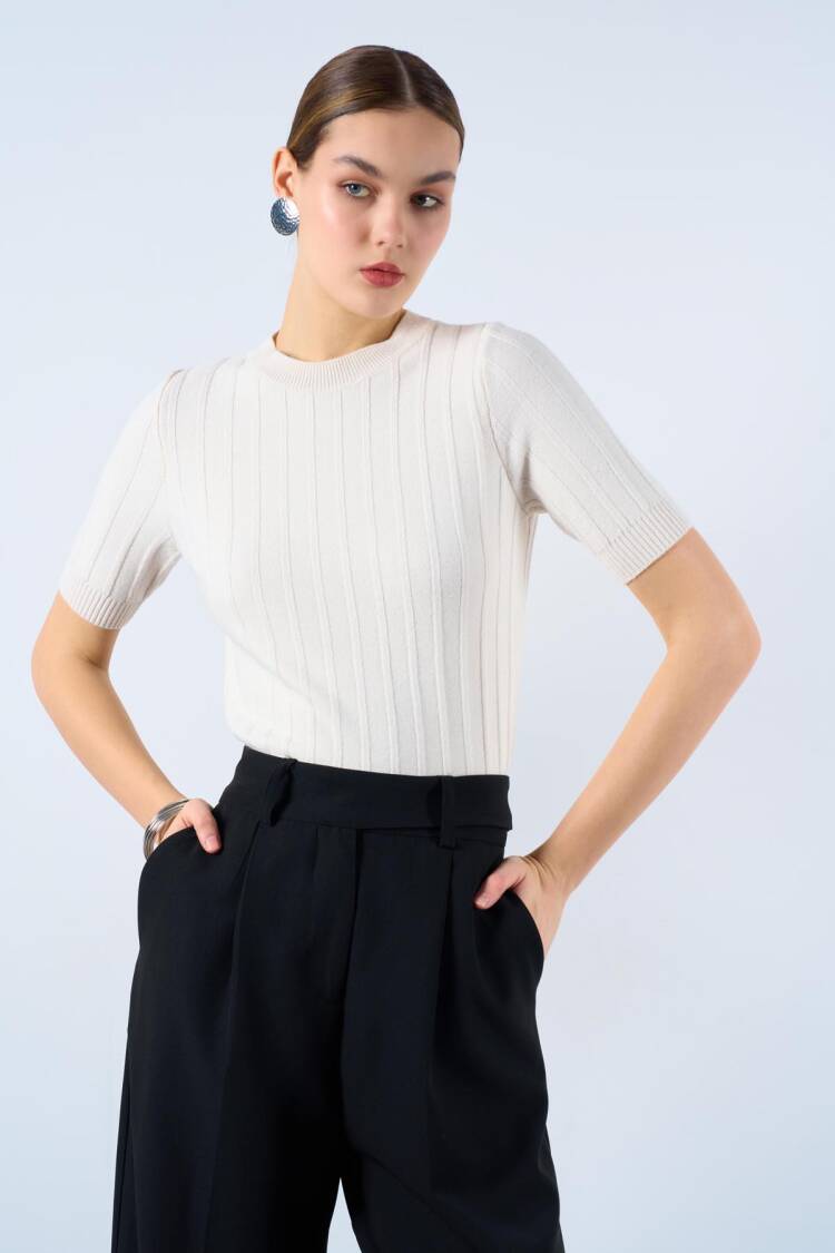 Ribbed Short Sleeve Sweater - Qustyle - Globality Store - Women Clothes Wholesale Turkey