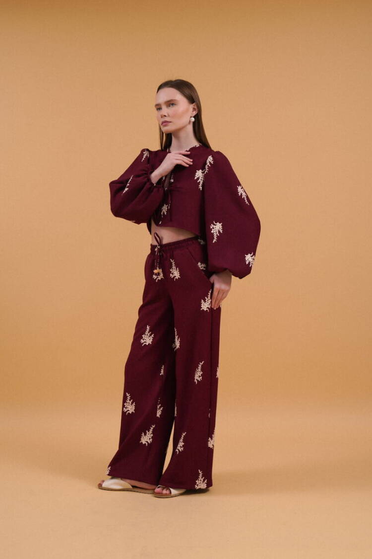 Embroidered Pants - Burgundy