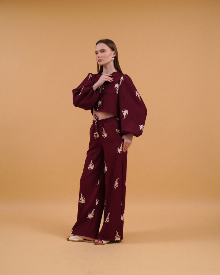 Embroidered Pants - Burgundy