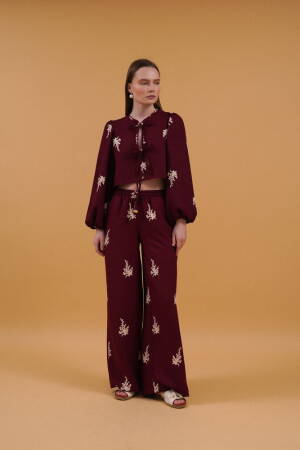 Embroidered Pants - Burgundy - Topshow - Globality Store - Women Clothes Wholesale Turkey