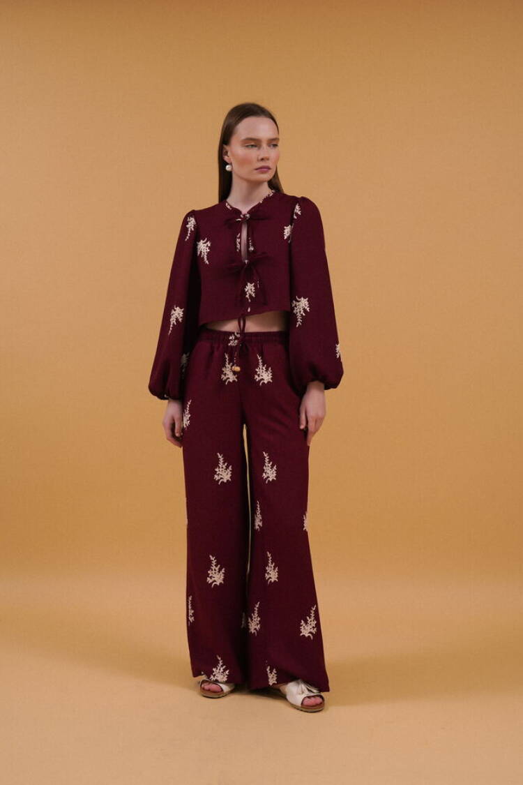 Embroidered Pants - Burgundy