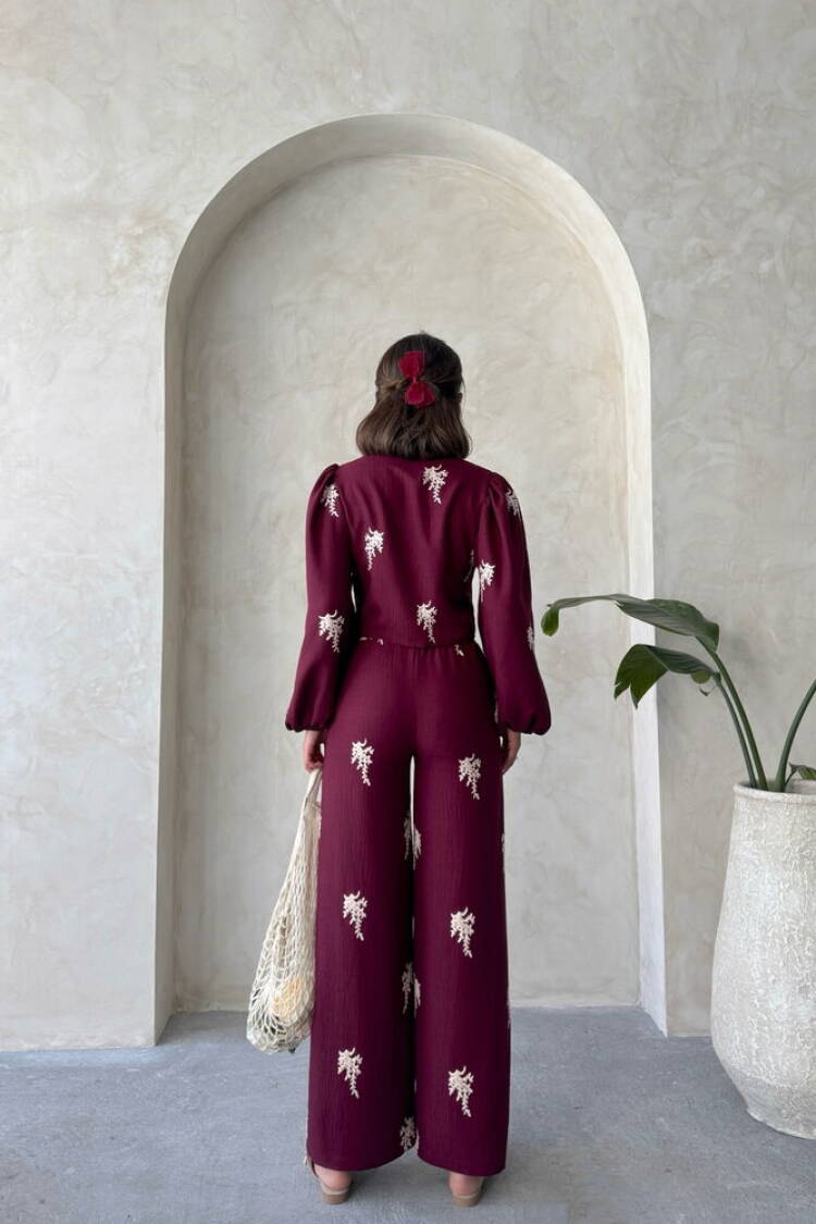 Embroidered Pants - Burgundy