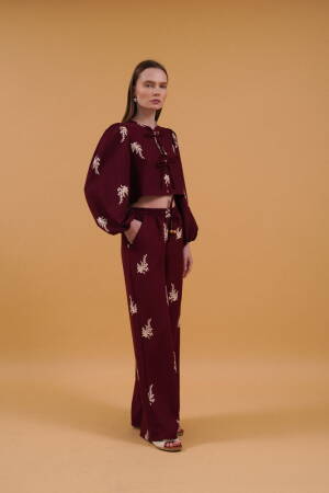 Embroidered Pants - Burgundy - Topshow - Globality Store - Women Clothes Wholesale Turkey