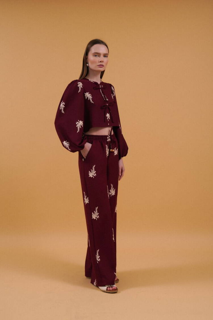 Embroidered Pants - Burgundy
