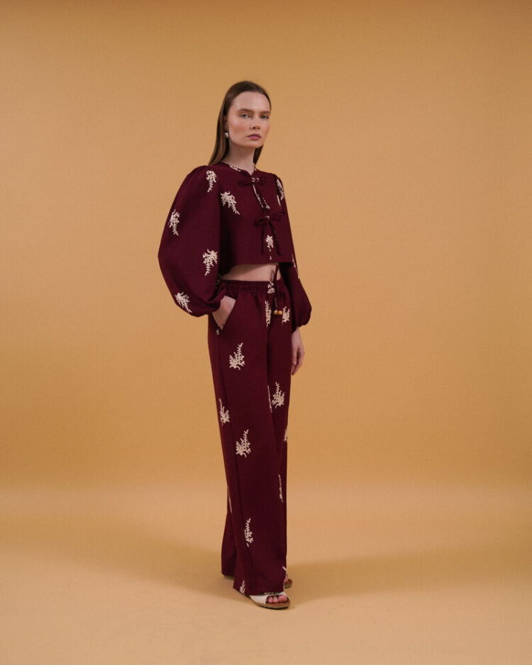 Embroidered Pants - Burgundy