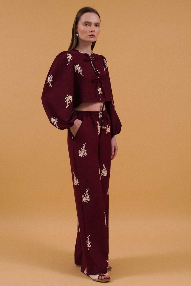 Embroidered Pants - Burgundy - Topshow - Globality Store - Women Clothes Wholesale Turkey