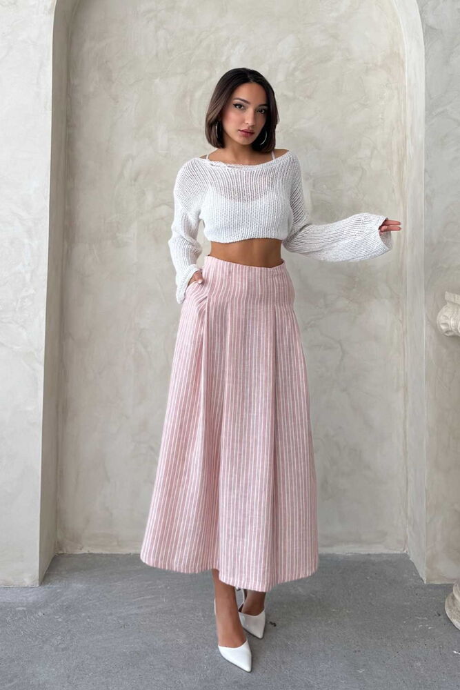 Striped Linen Skirt - Powder - Topshow - Globality Store - Women Clothes Wholesale Turkey