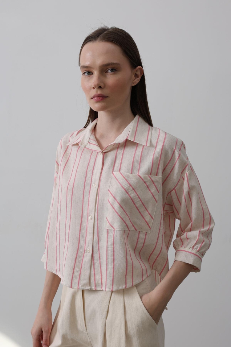 Striped Short Shirt - Beige - Reyon - Globality Store - Women Clothes Wholesale Turkey
