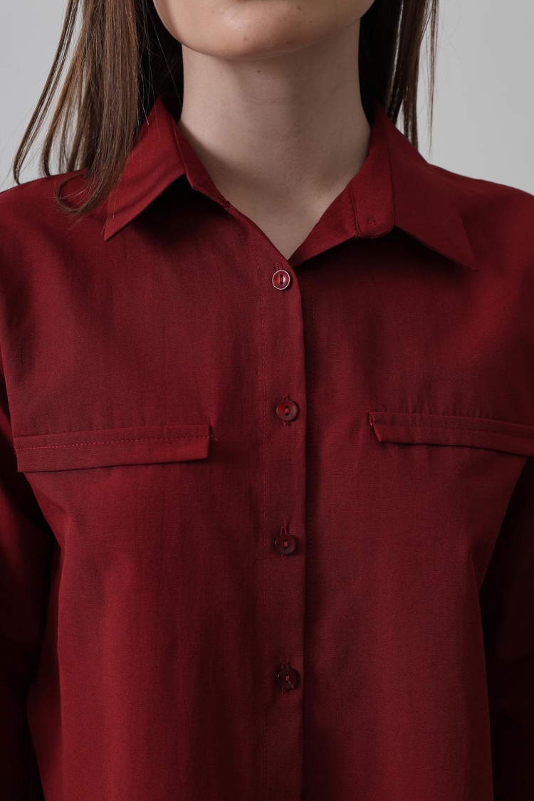 Long Sleeve Shirt With Pockets - Burgundy