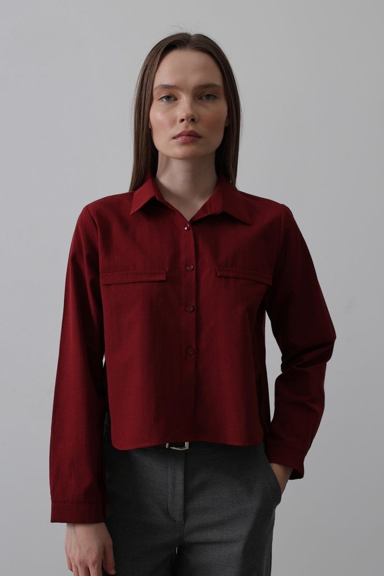 Long Sleeve Shirt With Pockets - Burgundy - Reyon - Globality Store - Women Clothes Wholesale Turkey