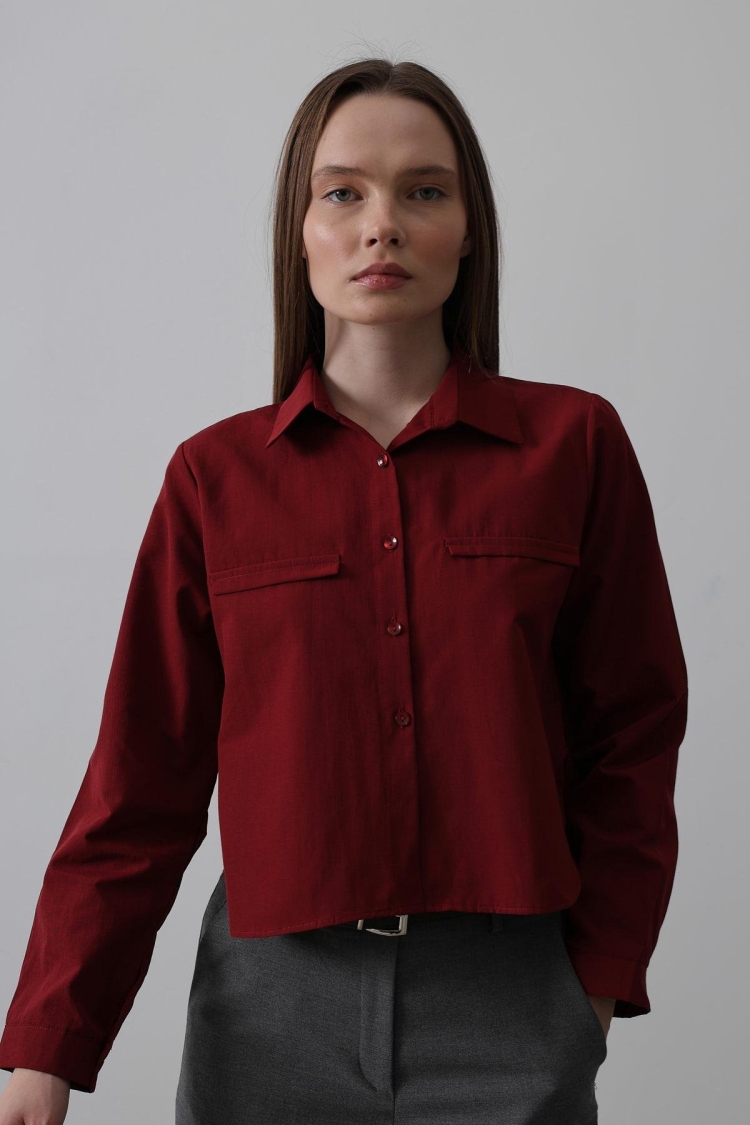 Long Sleeve Shirt With Pockets - Burgundy
