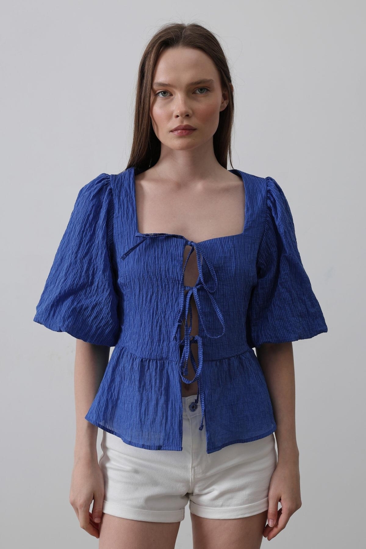 Square Collar Balloon Sleeve Blouse - Reyon - Globality Store - Women Clothes Wholesale Turkey