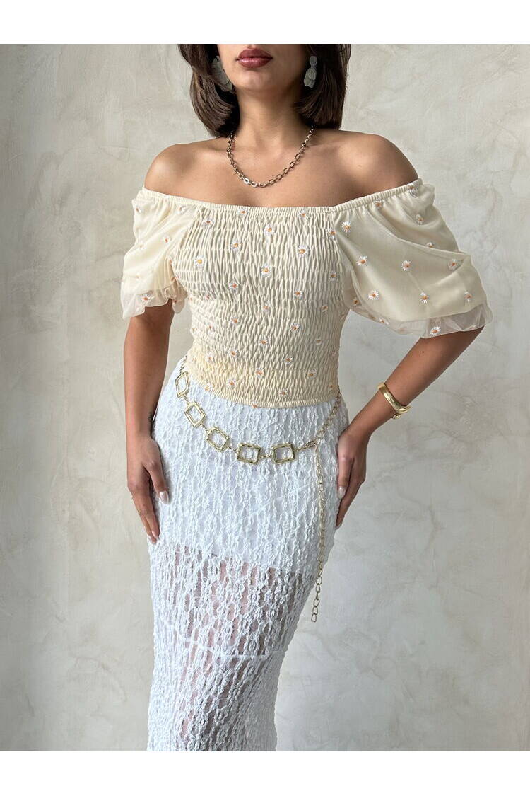 Gipe Detailed Patterned Chiffon Wholesale Blouse