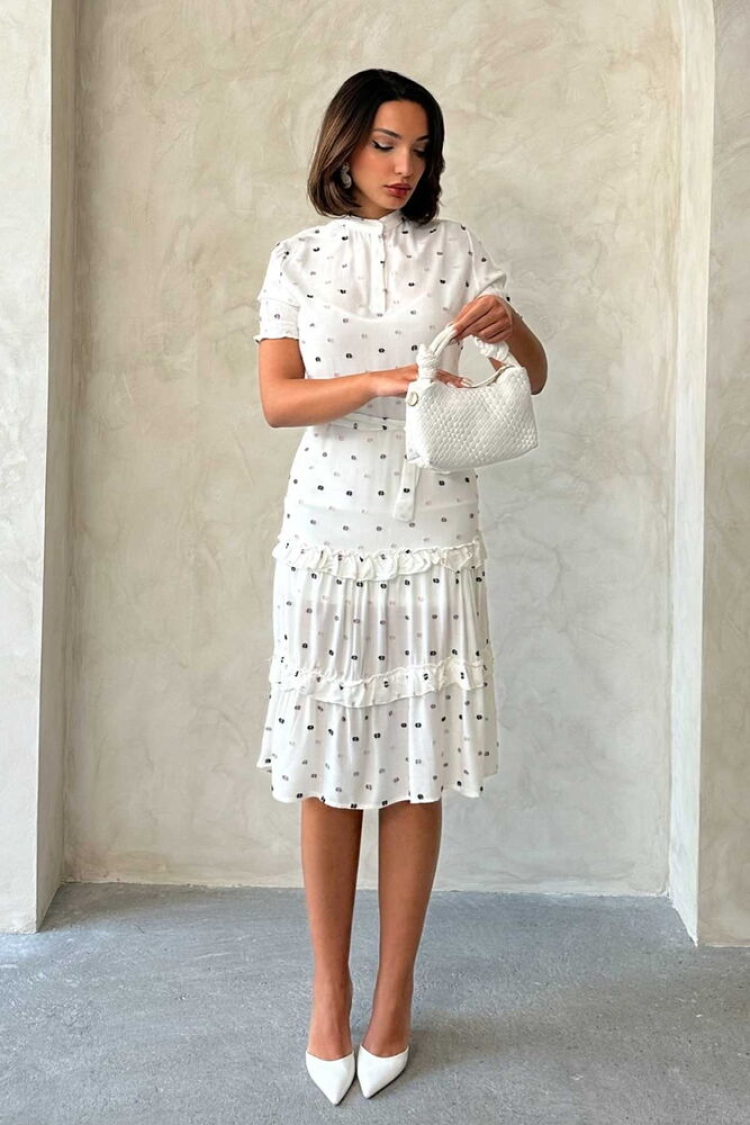 D1938 Shirt Collar Skirt Two Ruffles Dress - Topshow - Globality Store - Women Clothes Wholesale Turkey