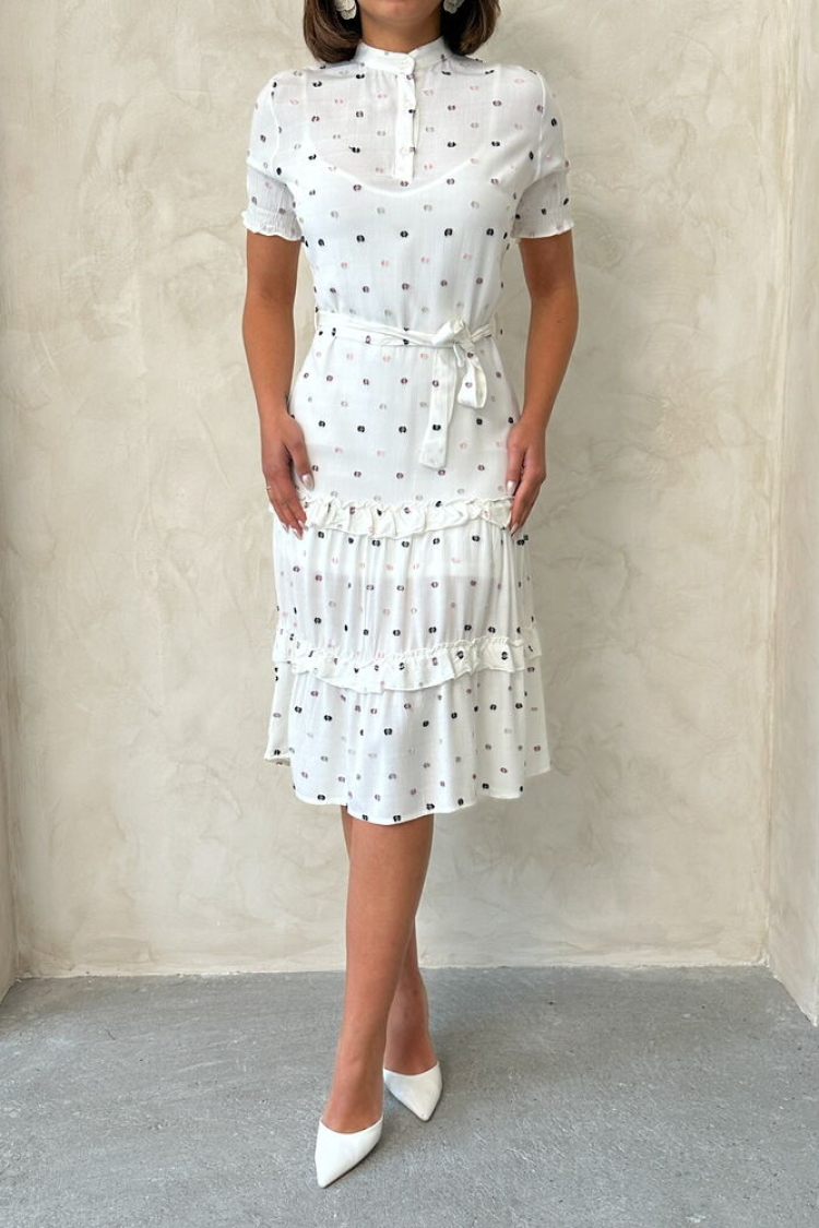 D1938 Shirt Collar Skirt Two Ruffles Dress