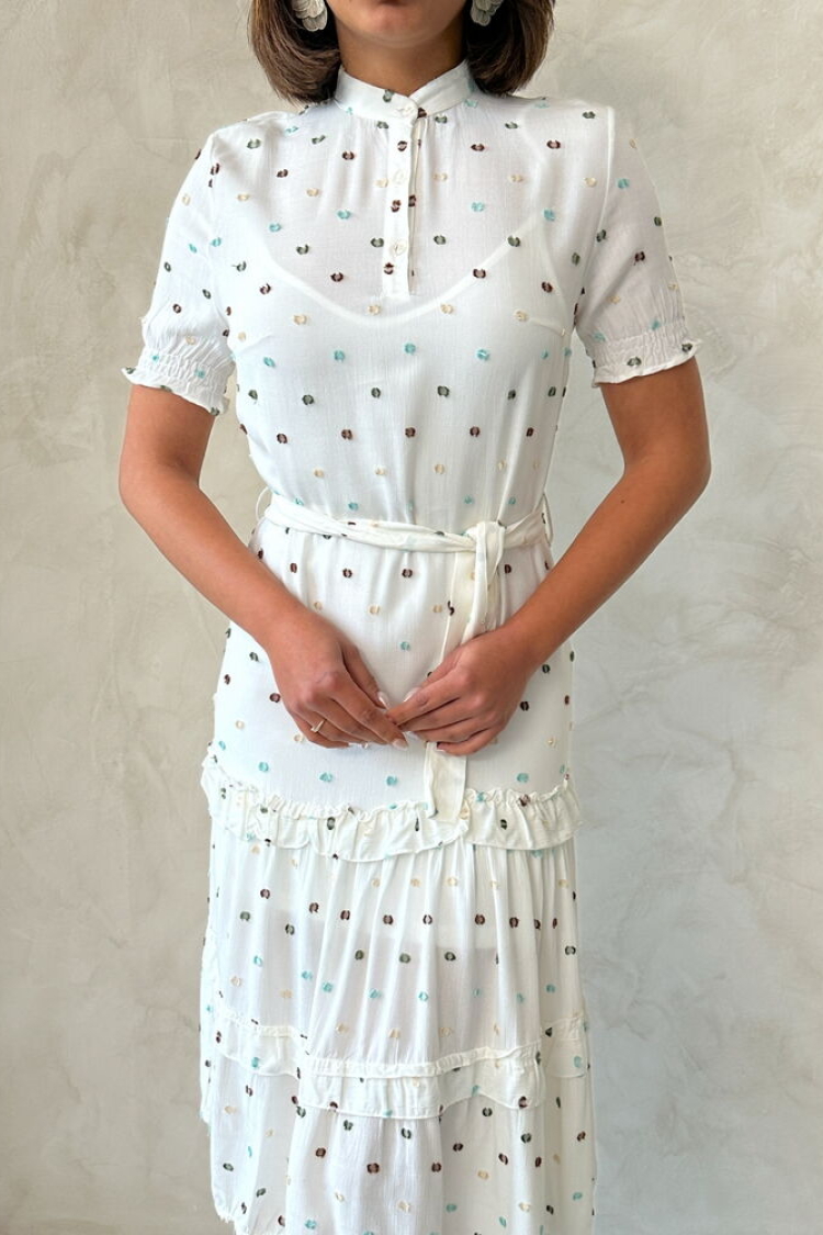 D1938 Shirt Collar Skirt Two Ruffles Dress - Çağla