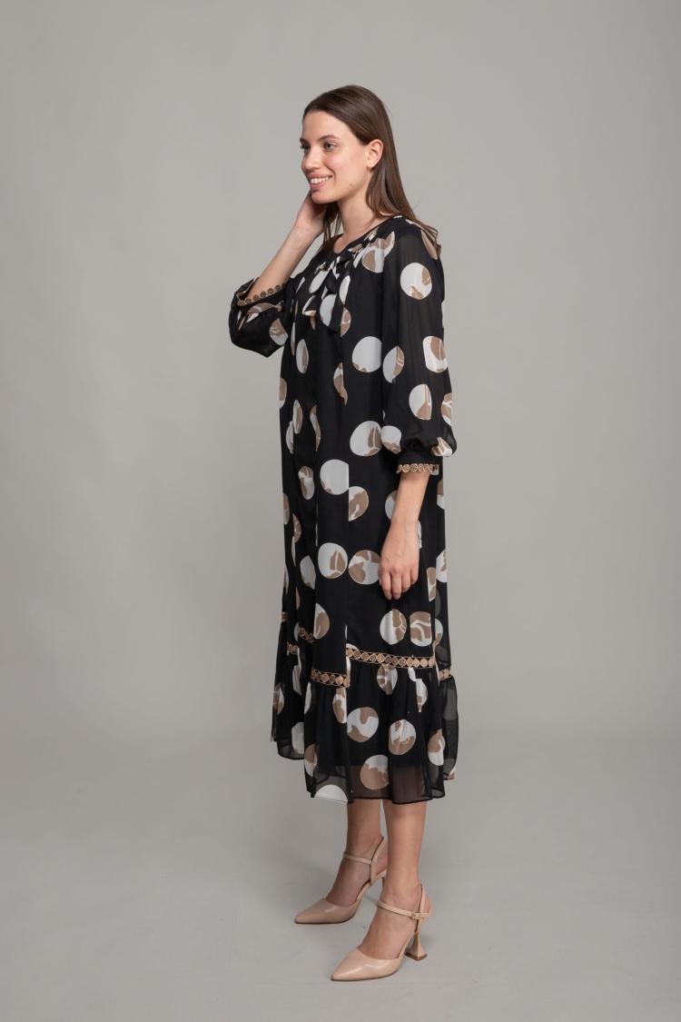 Round Neck Foil Chiffon Dress - GUMANIZE - Globality Store - Women Clothes Wholesale Turkey