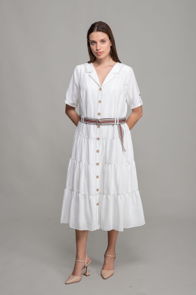 V Shirt Collar Rio Linen Dress - GUMANIZE - Globality Store - Women Clothes Wholesale Turkey