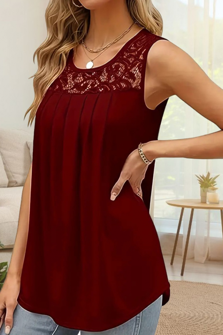 Women's Strappy Round Neck Lace Detailed Viscose Blouse - Burgundy