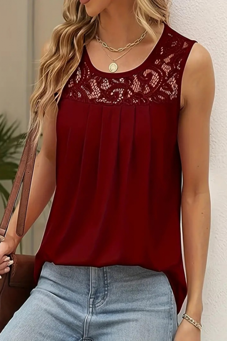 Women's Strappy Round Neck Lace Detailed Viscose Blouse - Burgundy - Janes - Globality Store - Women Clothes Wholesale Turkey