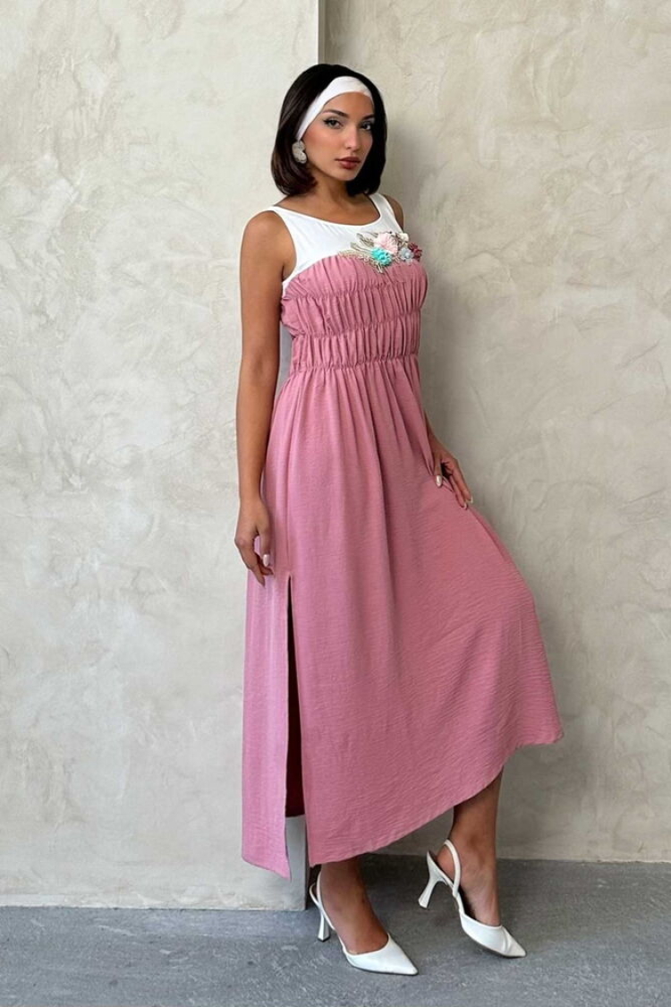 Powder Chest Floral Long Wholesale Dress - Topshow - Globality Store - Women Clothes Wholesale Turkey