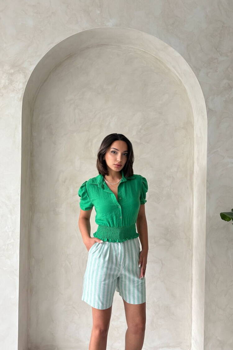 Çağla Striped Belted Linen Wholesale Shorts