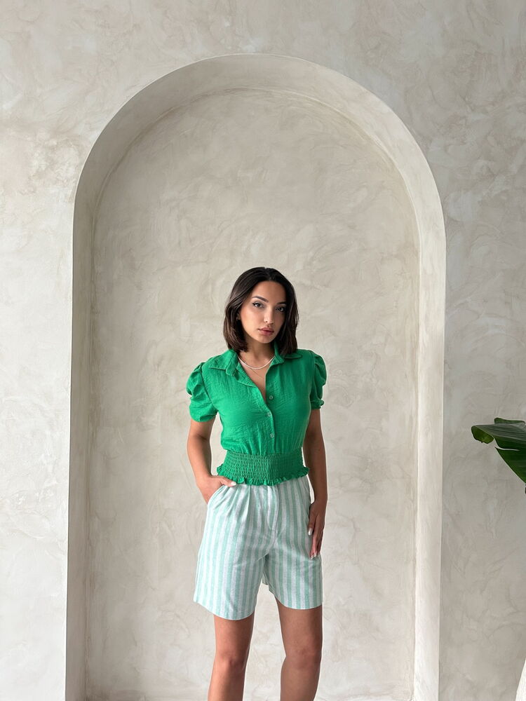 Çağla Striped Belted Linen Wholesale Shorts