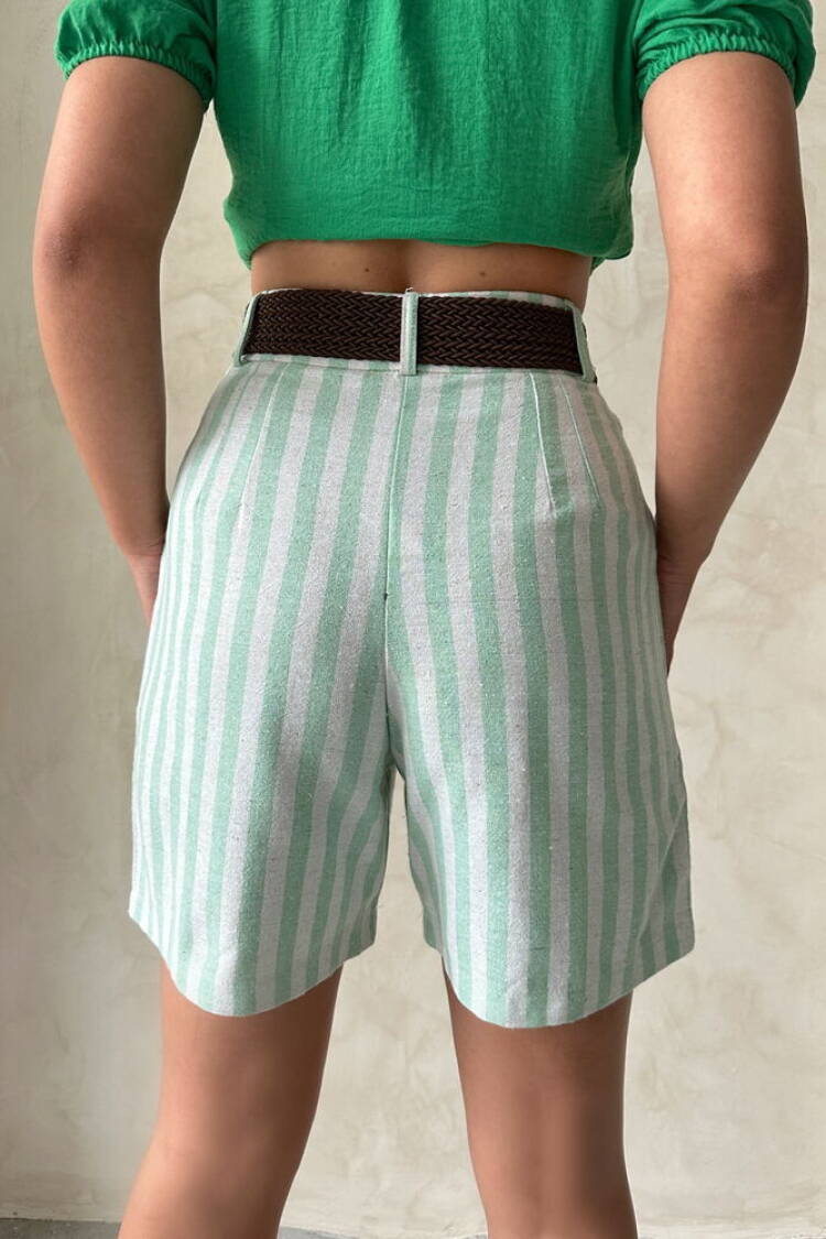 Çağla Striped Belted Linen Wholesale Shorts