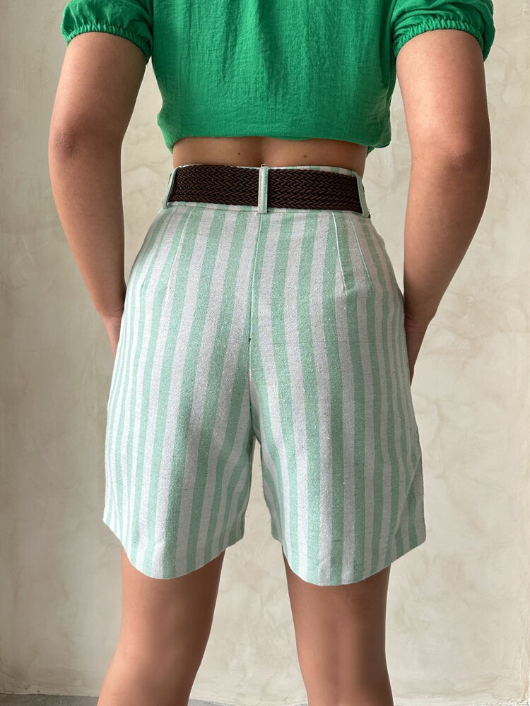 Çağla Striped Belted Linen Wholesale Shorts