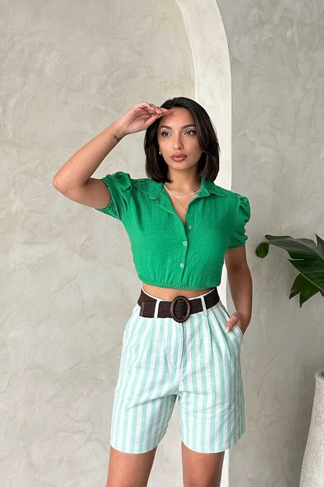 Çağla Striped Belted Linen Wholesale Shorts - Topshow - Globality Store - Women Clothes Wholesale Turkey