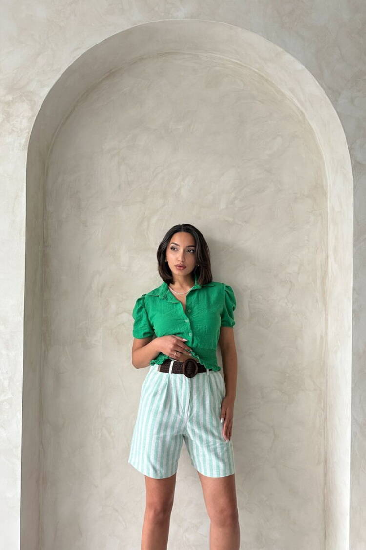 Çağla Striped Belted Linen Wholesale Shorts