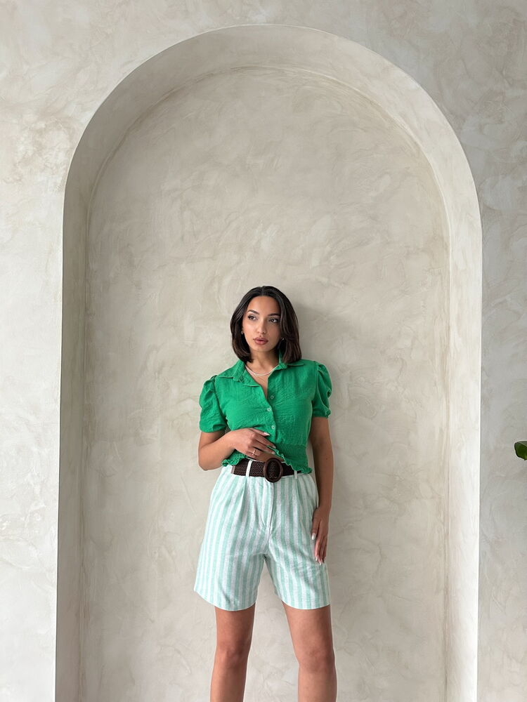 Çağla Striped Belted Linen Wholesale Shorts