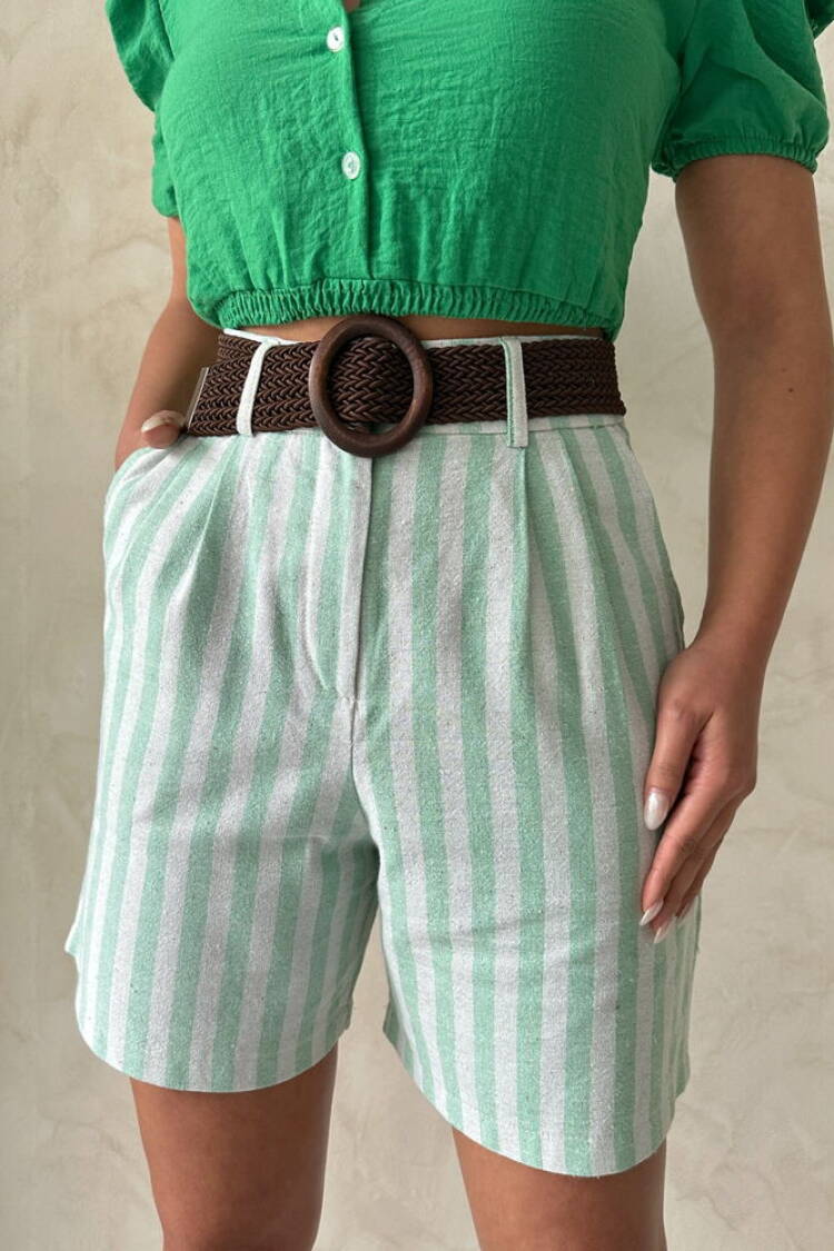 Çağla Striped Belted Linen Wholesale Shorts