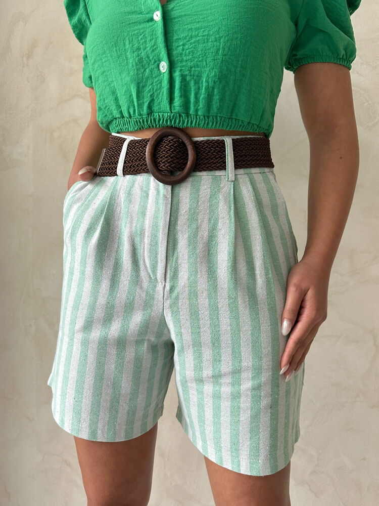 Çağla Striped Belted Linen Wholesale Shorts