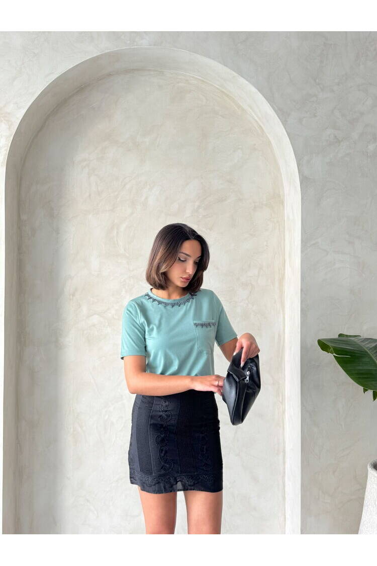 Çağla Stone Chain Detailed Wholesale T-Shirt