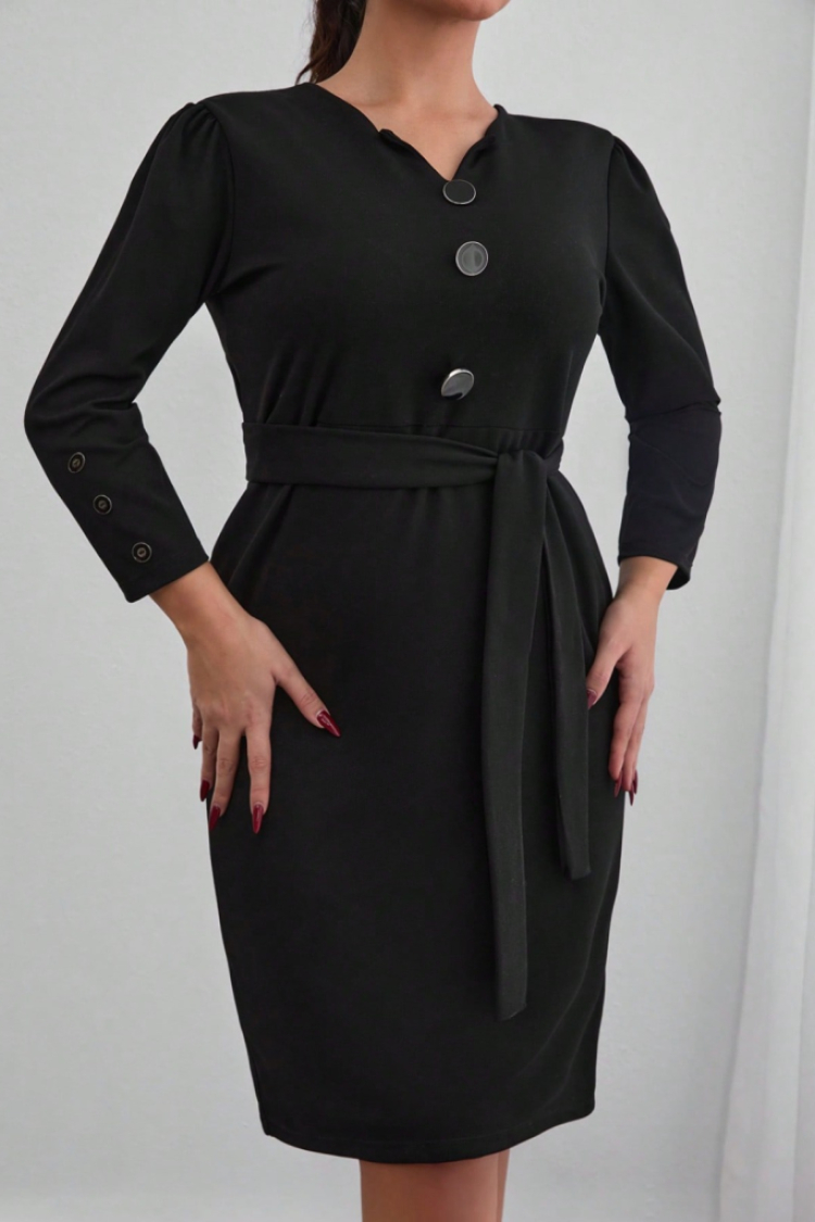 Women's Long Sleeve Button Detailed Self Belted Imported Crepe Dress - Black