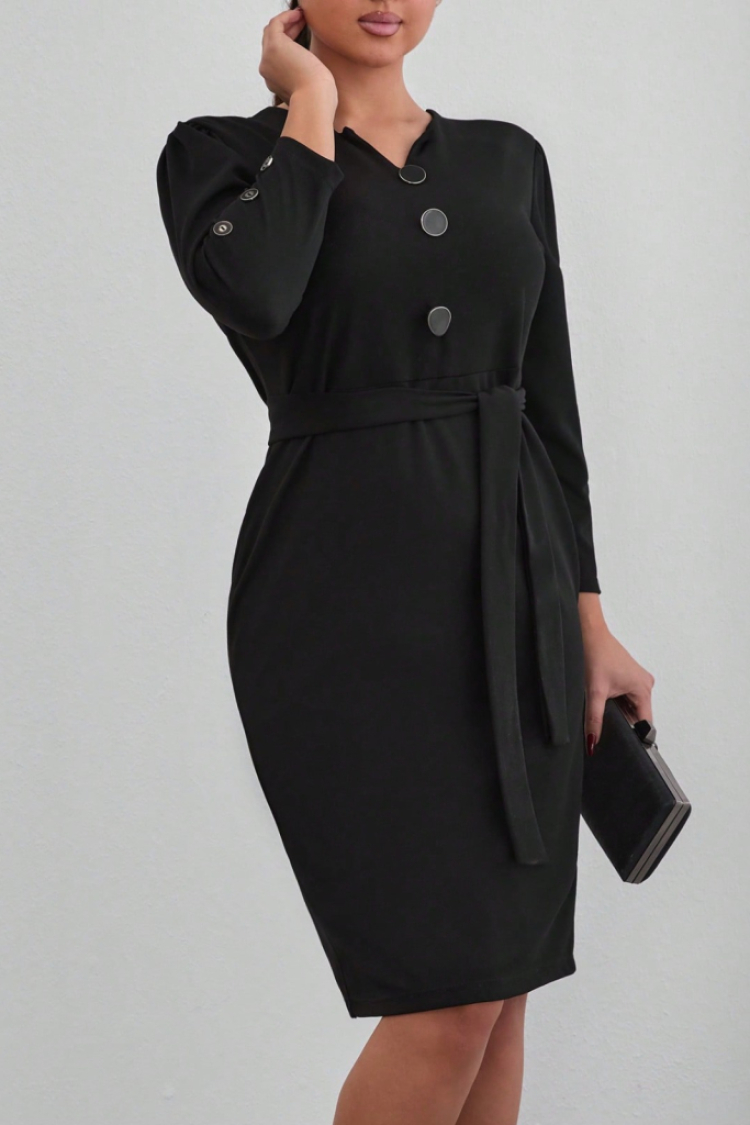 Women's Long Sleeve Button Detailed Self Belted Imported Crepe Dress - Black