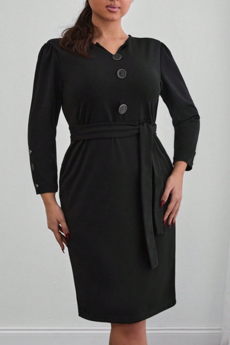 Women's Long Sleeve Button Detailed Self Belted Imported Crepe Dress - Black