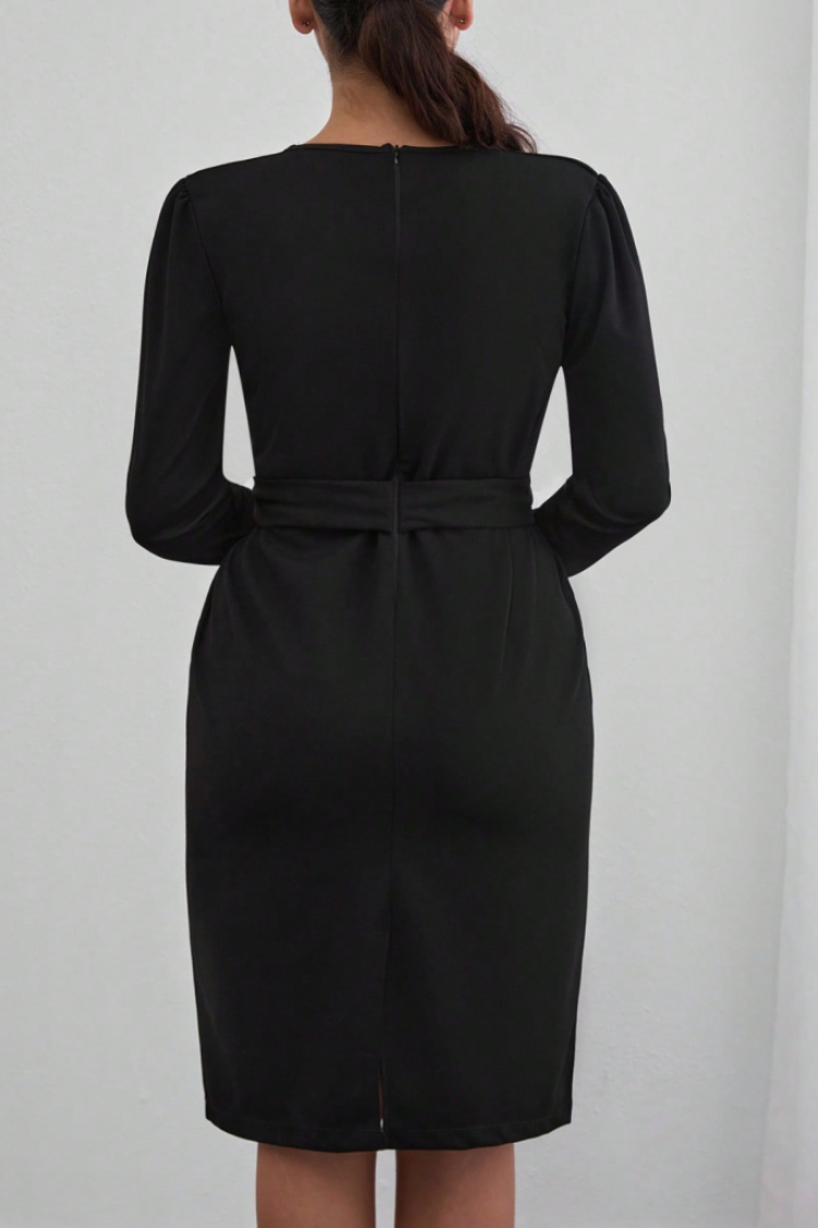 Women's Long Sleeve Button Detailed Self Belted Imported Crepe Dress - Black