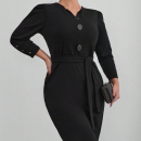 Women's Long Sleeve Button Detailed Self Belted Imported Crepe Dress - Black - Janes - Globality Store - Women Clothes Wholesale Turkey