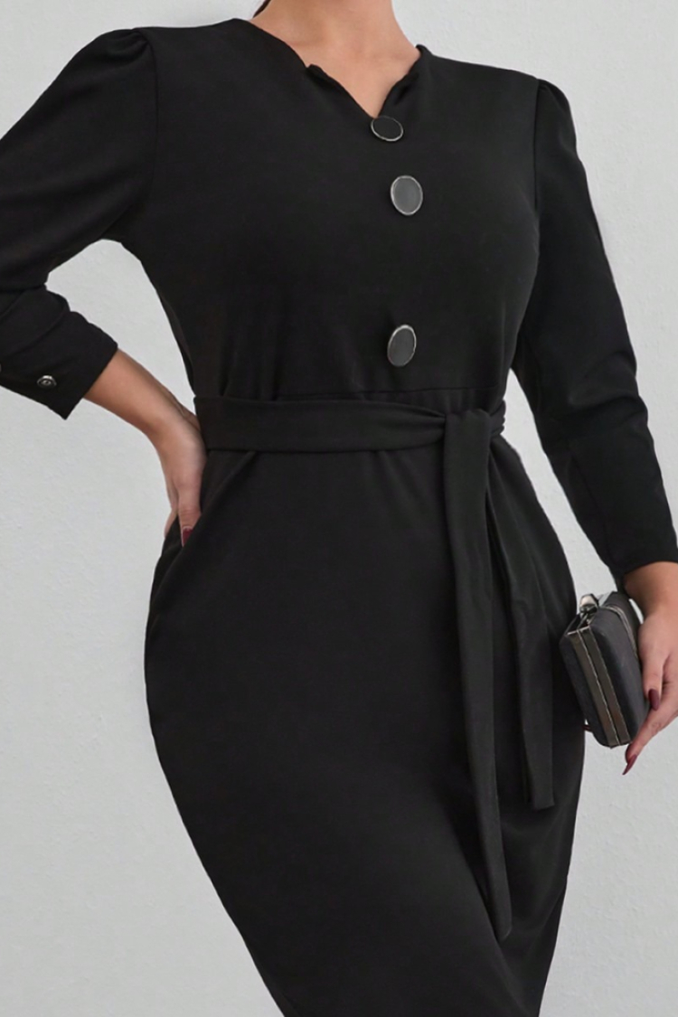 Women's Long Sleeve Button Detailed Self Belted Imported Crepe Dress - Black - Janes - Globality Store - Women Clothes Wholesale Turkey