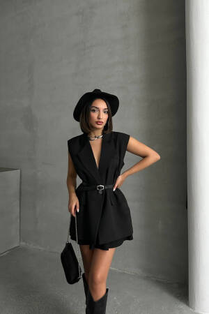 Sleeveless Blazer Jacket With Ruffle Belt - Mode Roy - Globality Store - Women Clothes Wholesale Turkey