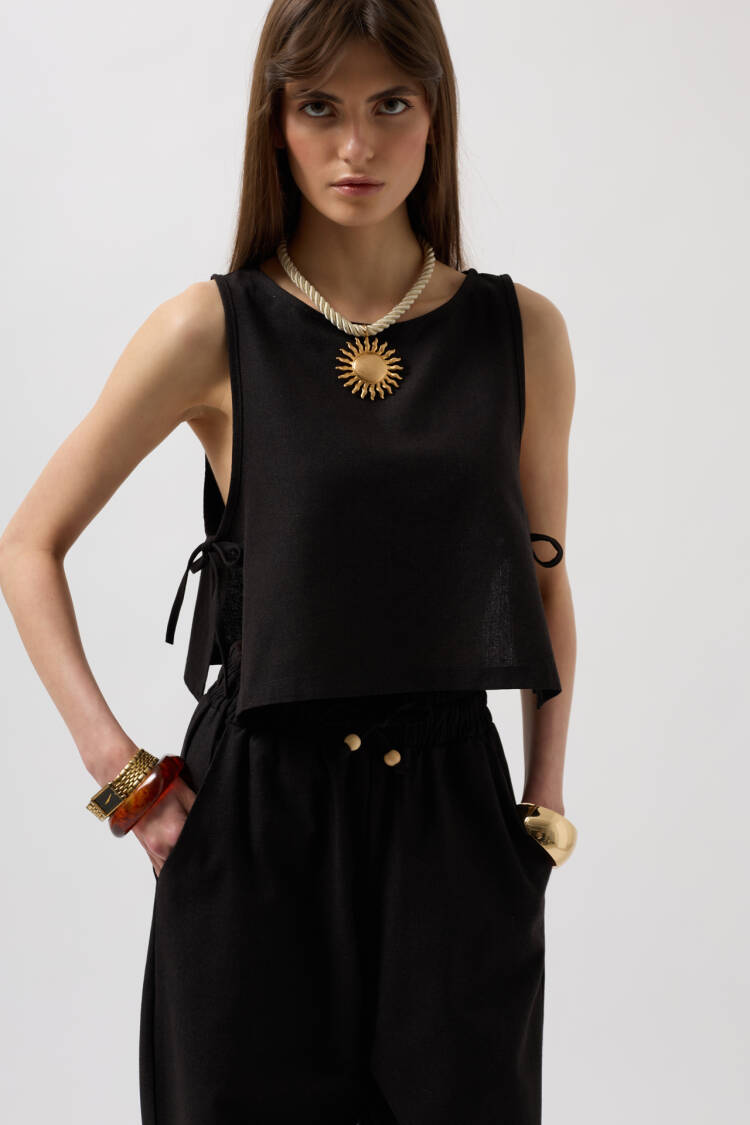 Side Tie Crop Blouse - Black Fashion - Globality Store - Women Clothes Wholesale Turkey