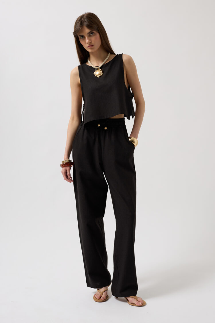 Straight Cut Pants With Lace Up Waist - Black Fashion - Globality Store - Women Clothes Wholesale Turkey