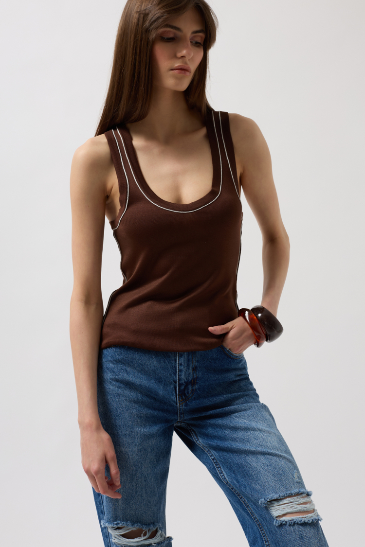 Biye Detail Halter Collar Blouse - Brown