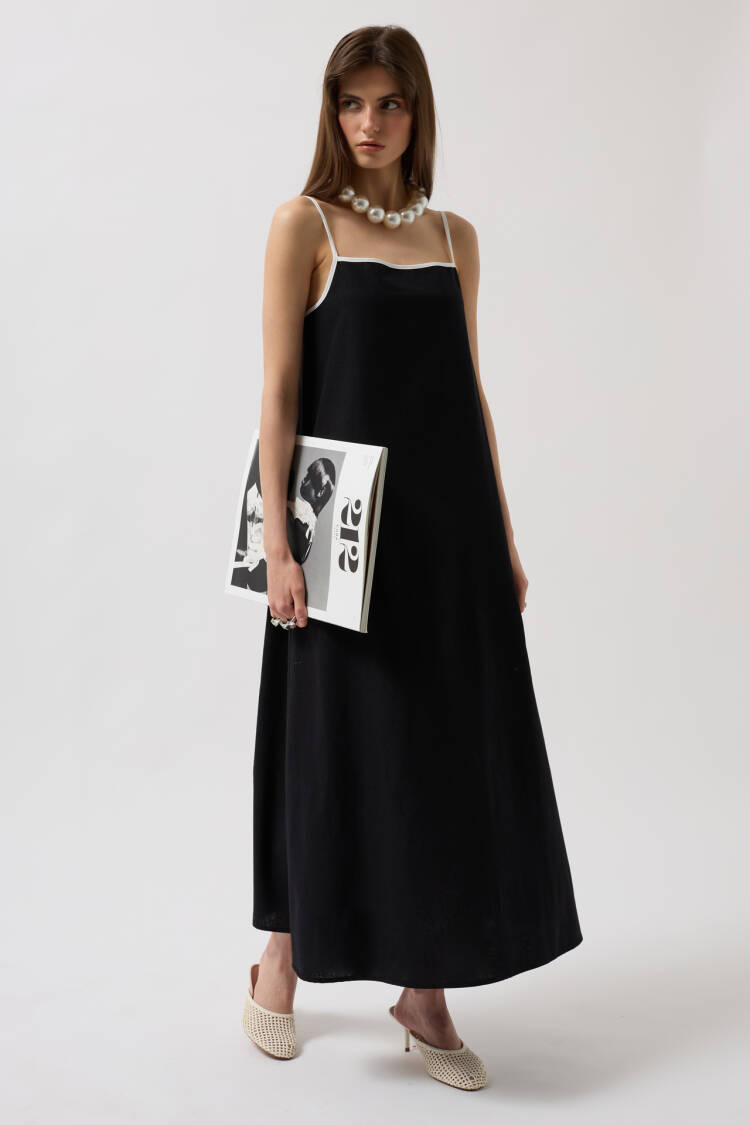 Stripe Detail Linen Maxi Dress - Black Fashion - Globality Store - Women Clothes Wholesale Turkey