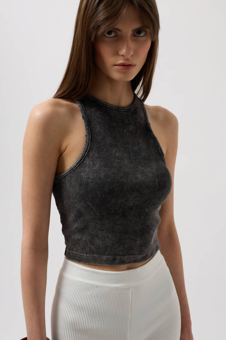 Washed Halter Collar Crop Blouse